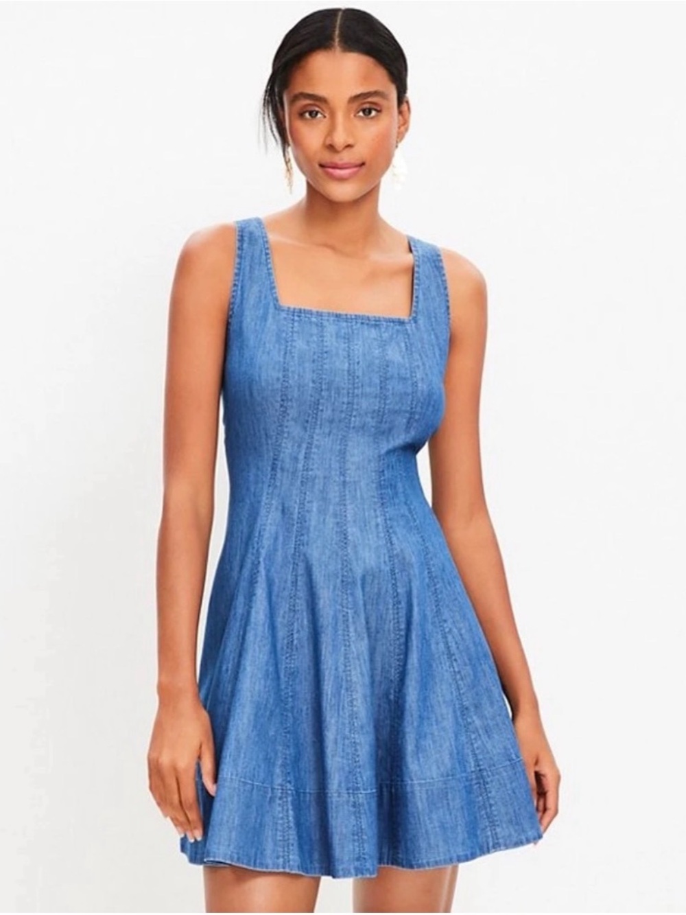 Loft Denim Fit & Flare Square-Neck Dress - Blue